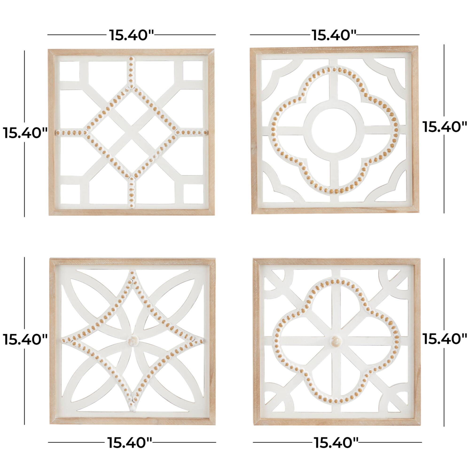 White Wood Beaded Geometric Wall Decor Set of 4 15", 15"